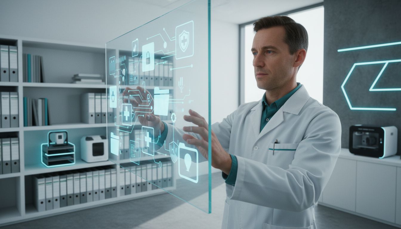 Médico gestiona archivos clínicos digitales en clínica