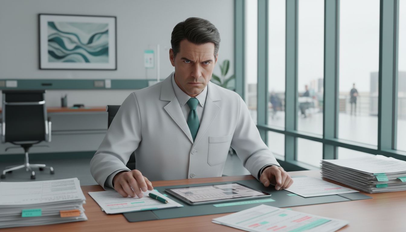 Doctor reviewing clinical documents for errors