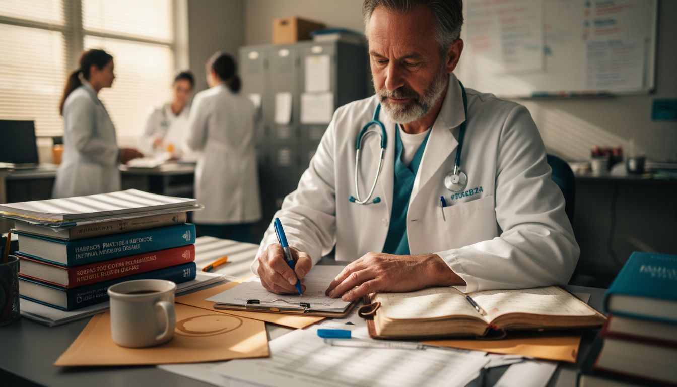 Doctor writing clinical notes at hospital desk