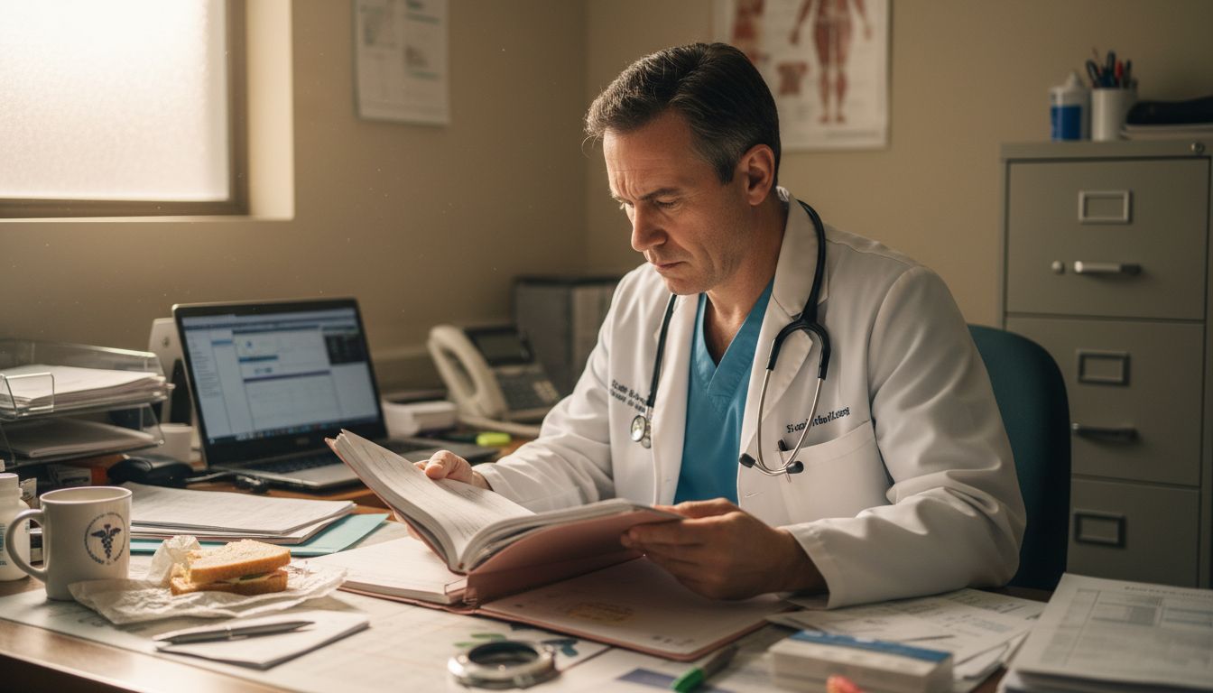 Médico examinando o prontuário de um paciente em uma mesa desorganizada