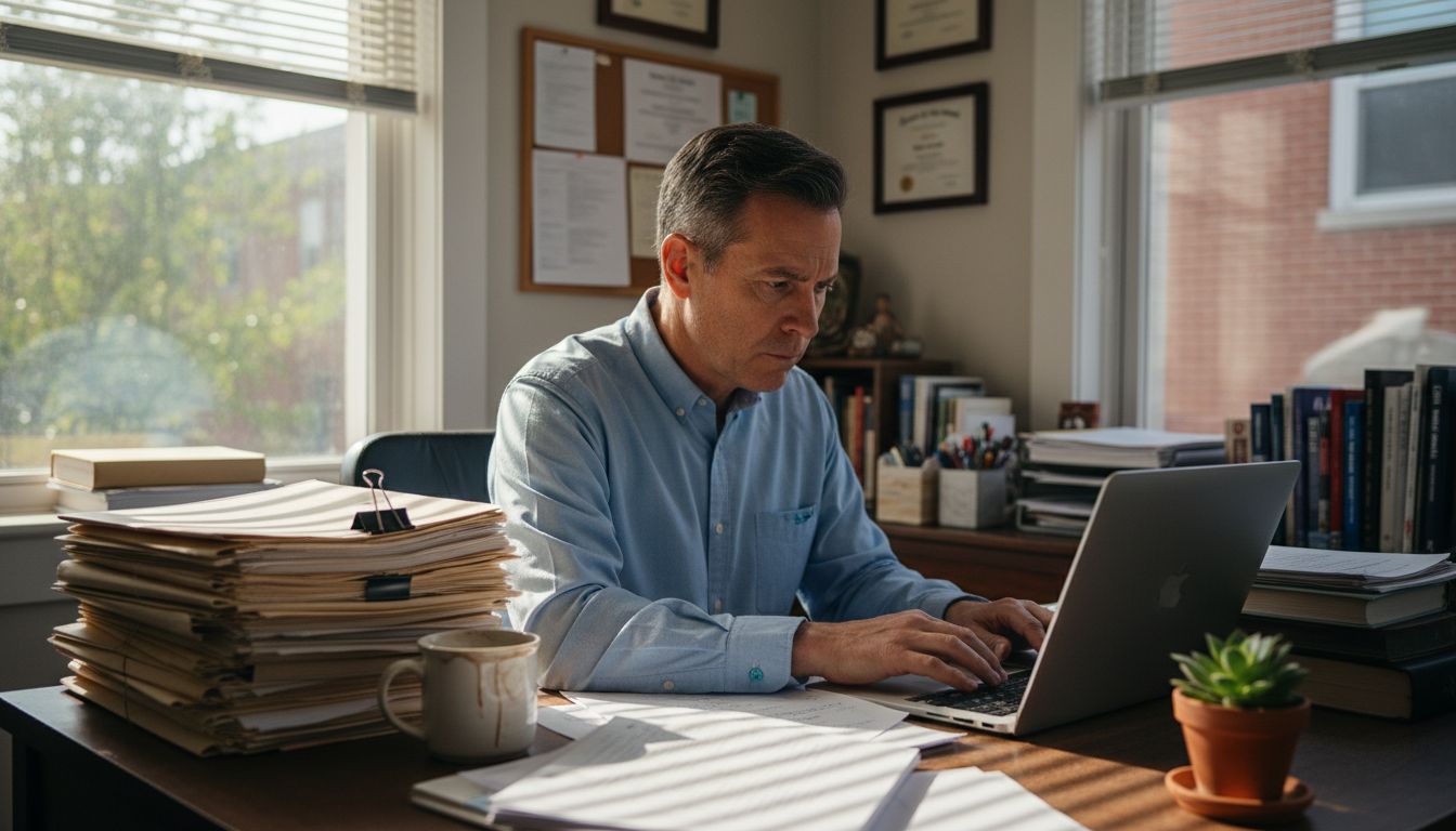Therapist organizing clinical files in office