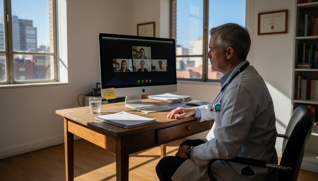 Médico atendiendo una videollamada desde su despacho iluminado por la luz del sol.