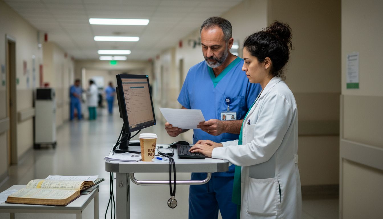 Physicians reviewing emergency department clinical notes