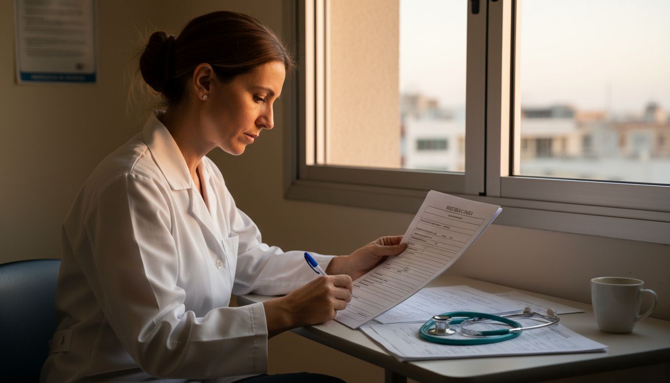 A doctor is writing a clinical note while reviewing some documents on the table.
