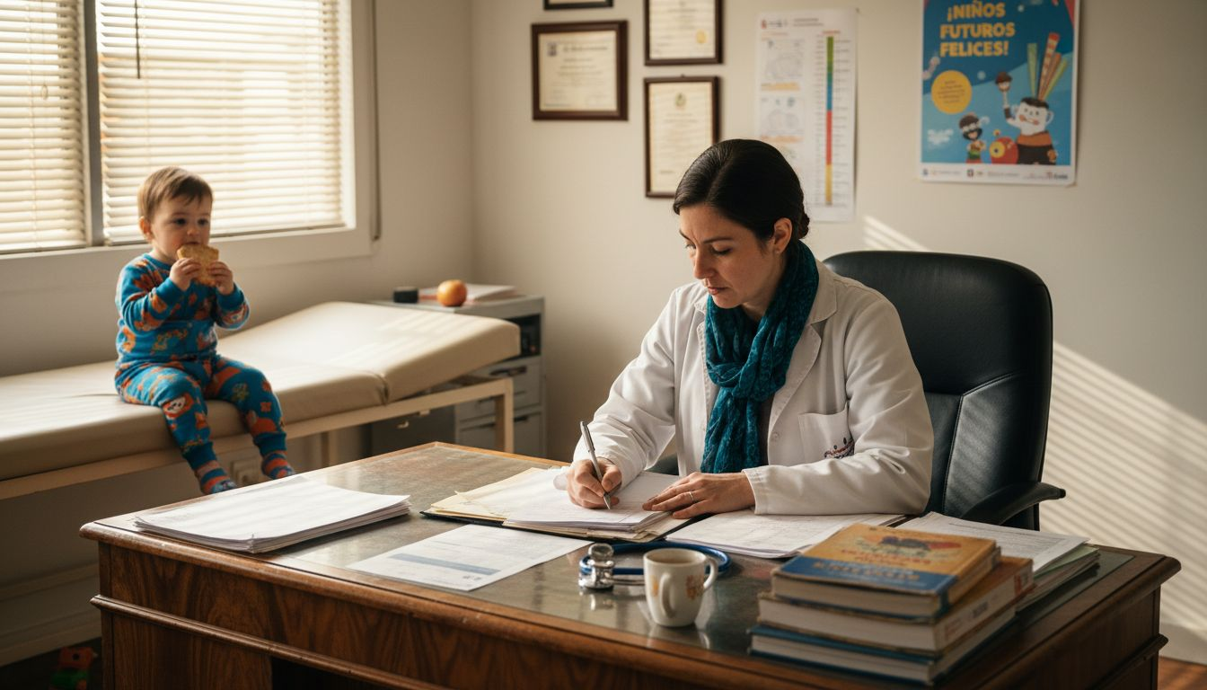 Pediatra registrando los detalles de la primera consulta de un paciente