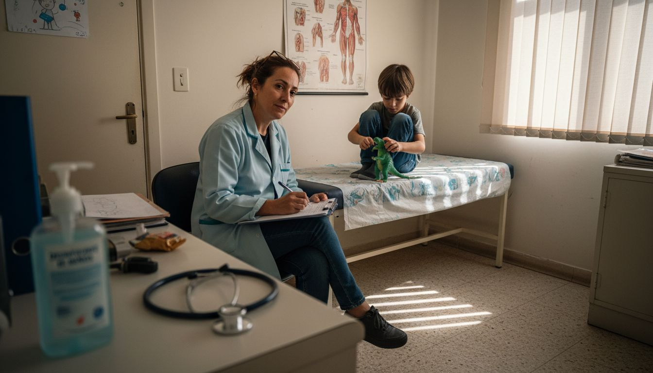 Pediatra anotando observaciones durante la consulta con un niño