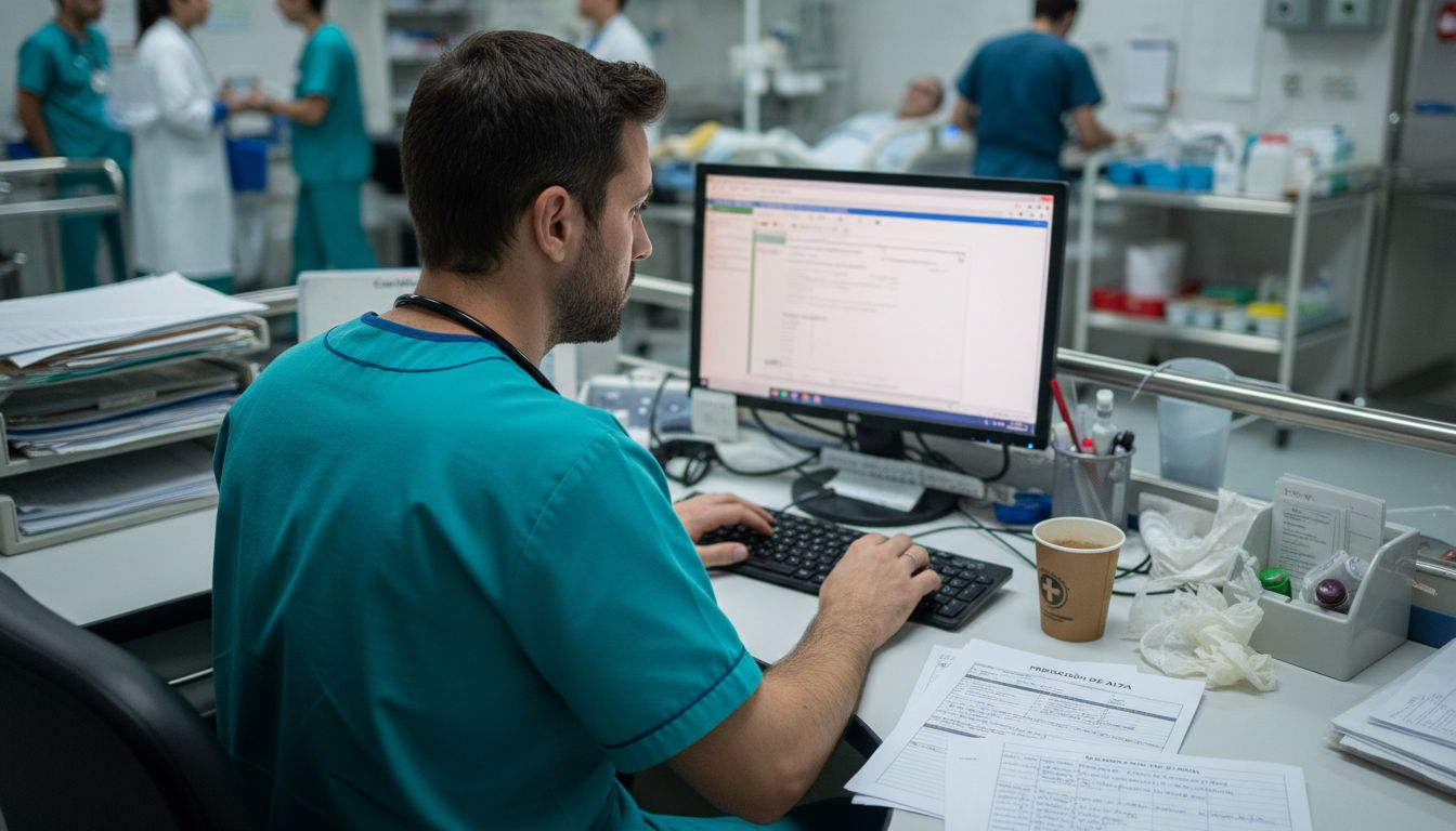 Physician writing reports on the computer amidst the hustle and bustle of the emergency department.