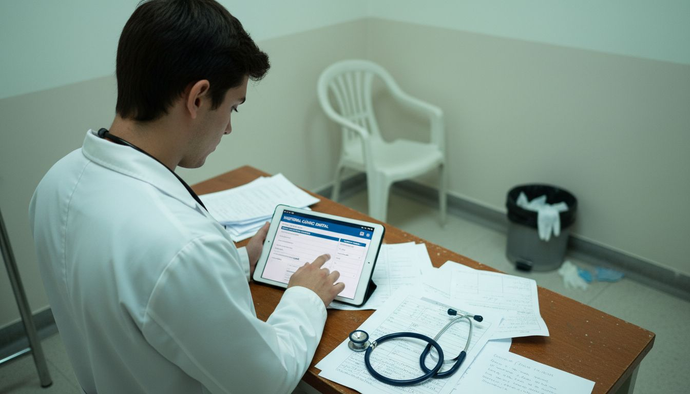 A doctor reviews patients' medical histories in the triage area.