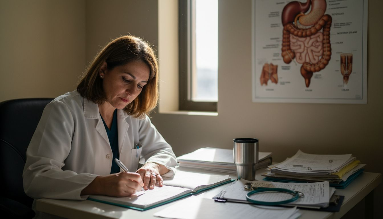 Um médico redigindo o prontuário de um paciente em seu consultório no hospital.