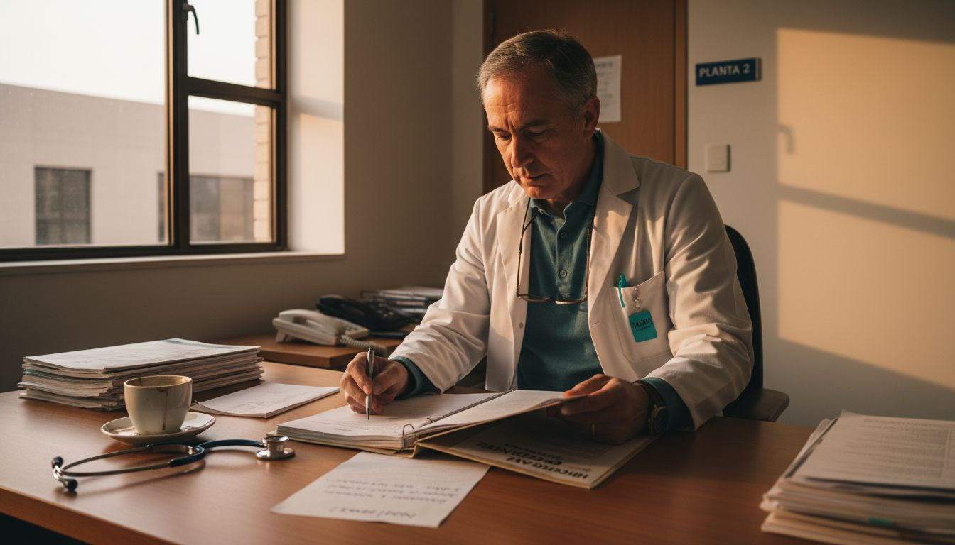 The neurologist reviews the patient's medical history during the hospital consultation.