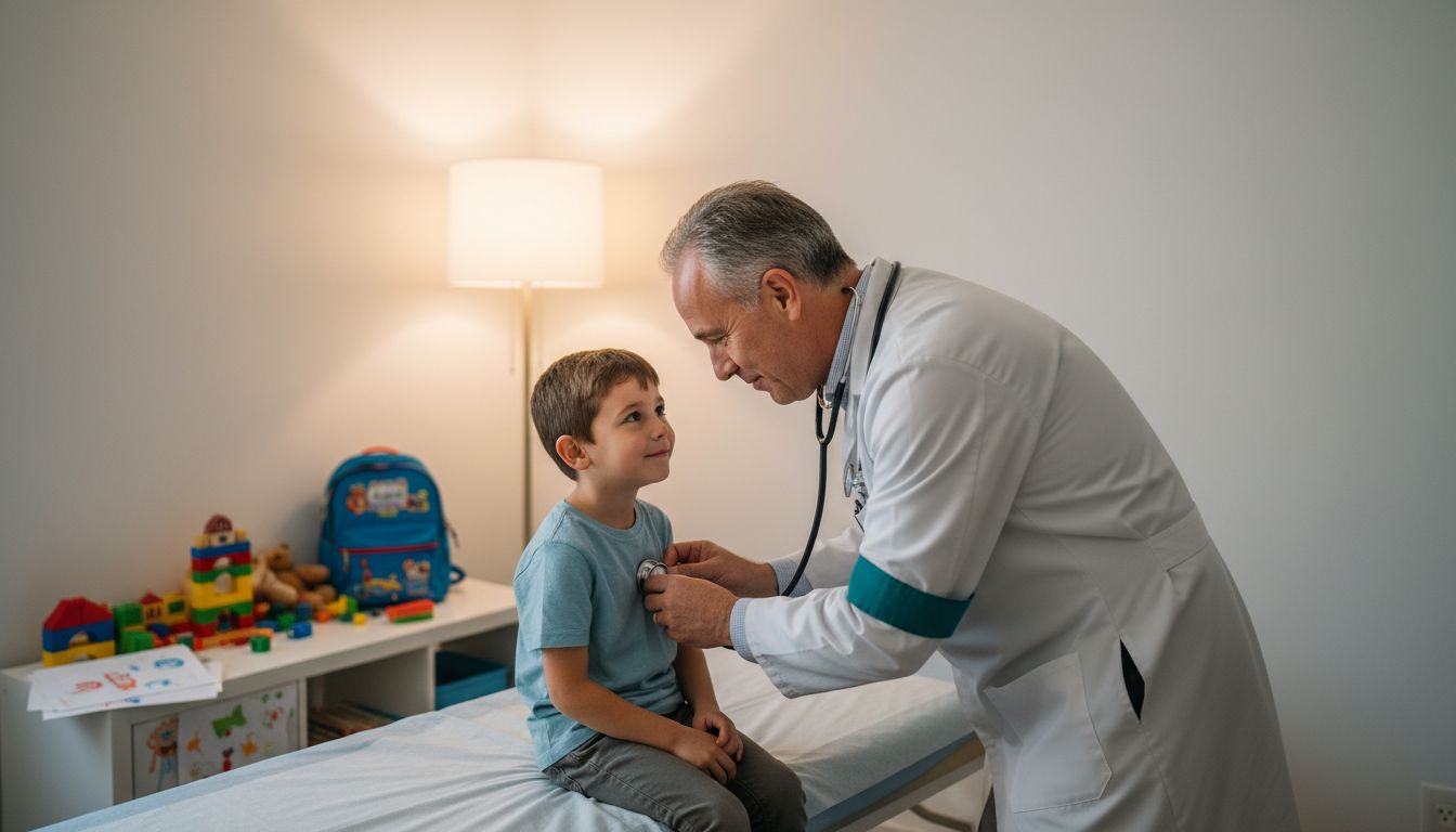 The pediatrician listens to the child's heart and lungs during the medical check-up.