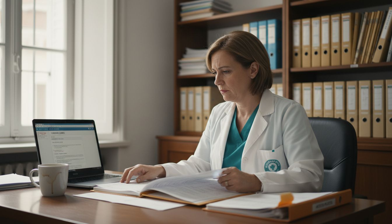 Doctora revisando historiales médicos tanto en papel como en formato digital.