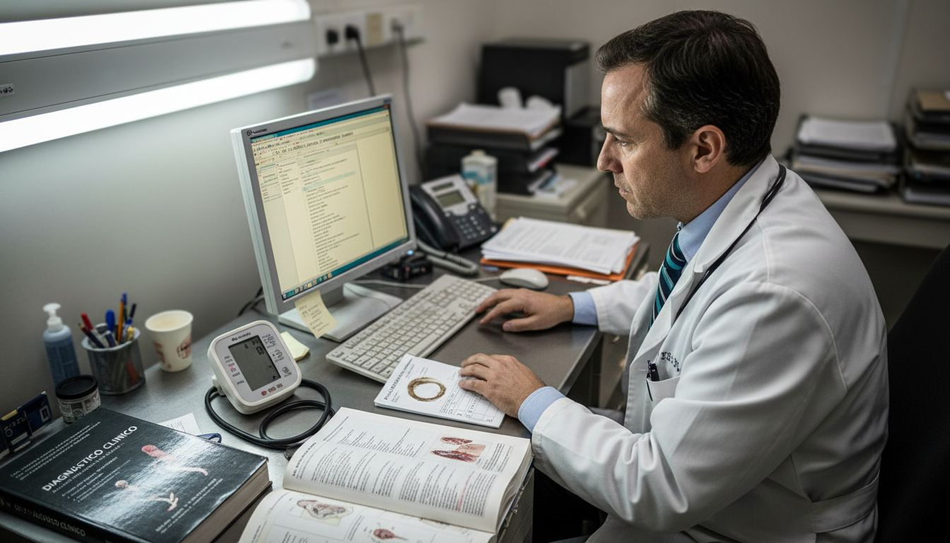 Médico registrando información en el expediente clínico desde su escritorio en el hospital.