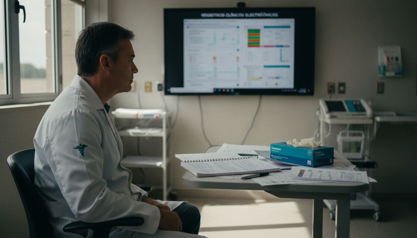 Profesional de la salud revisando historiales médicos en formato digital