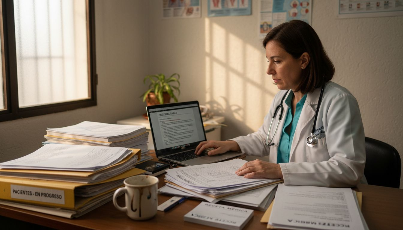 El médico revisa y organiza la historia clínica del paciente en su escritorio.