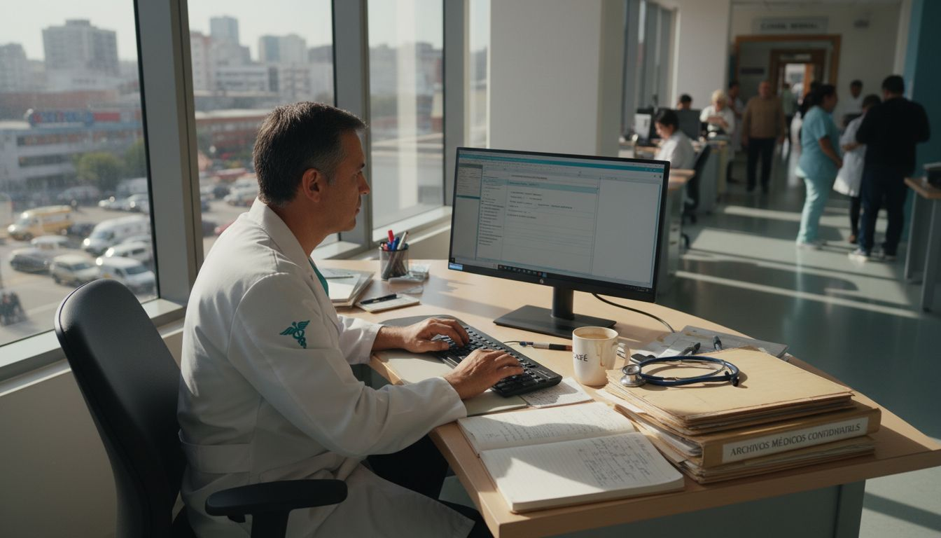 Médico revisando y actualizando el historial clínico de un paciente en su escritorio.