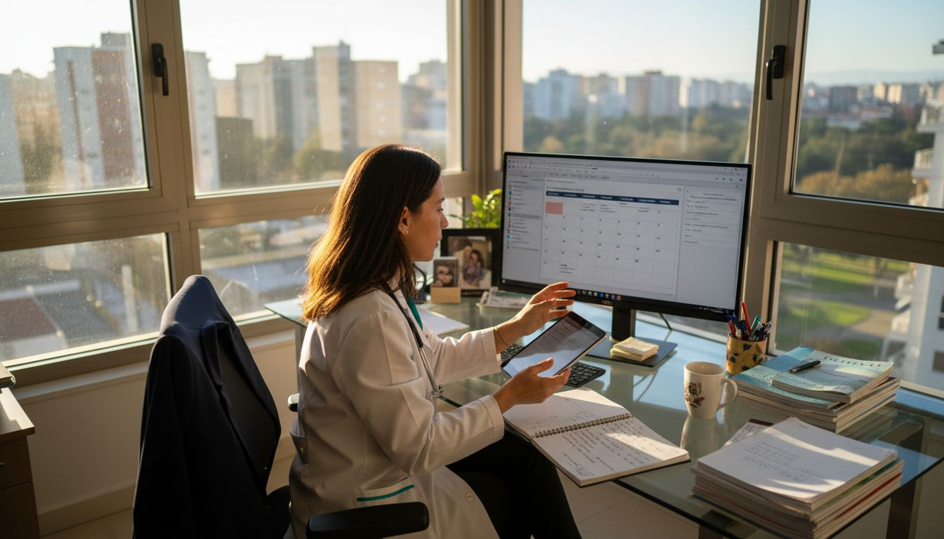 Doctor revisando historias clínicas en su consulta a través de una plataforma digital.