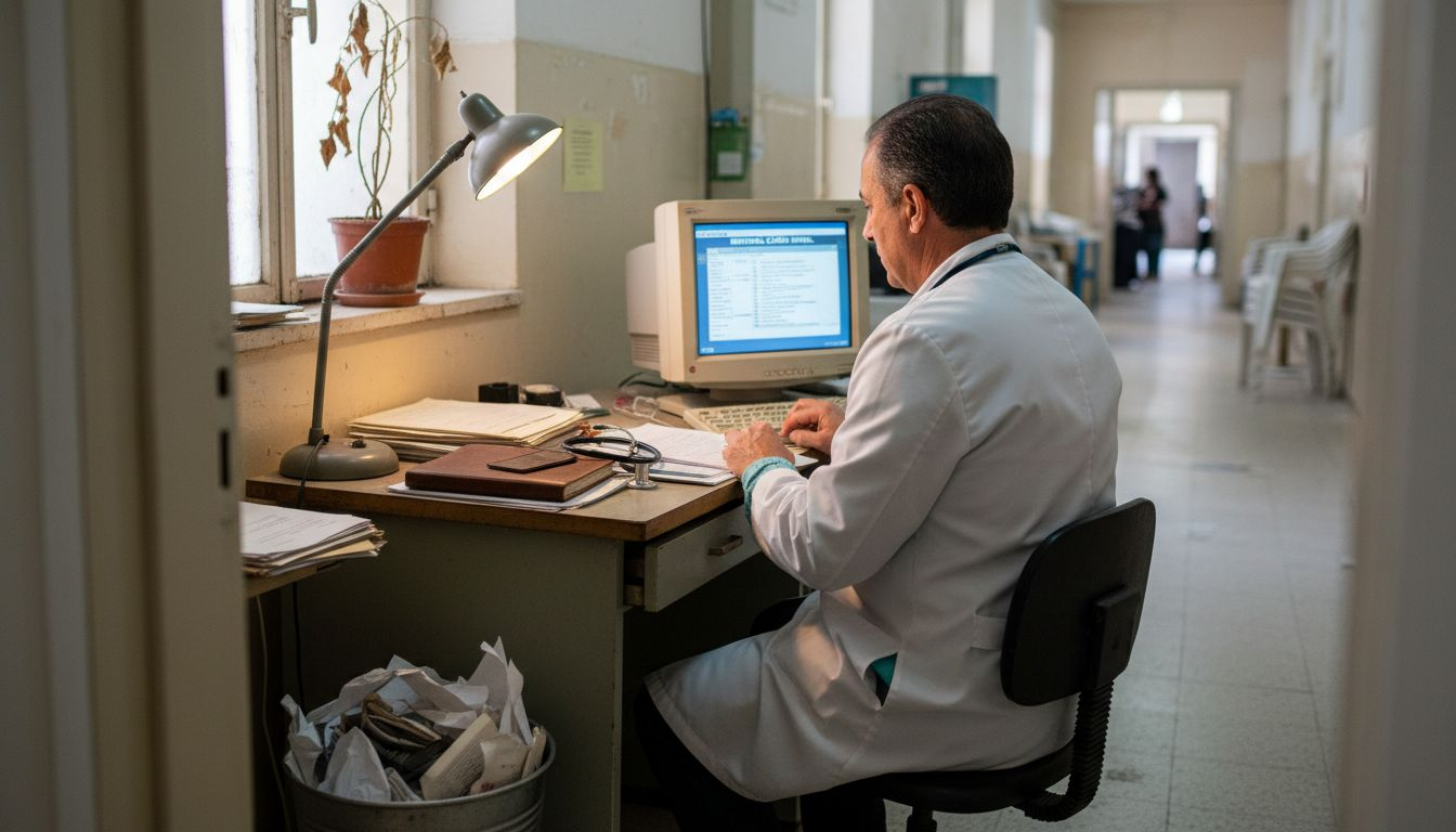 En medio de una consulta algo caótica, el médico revisa el historial digital del paciente.