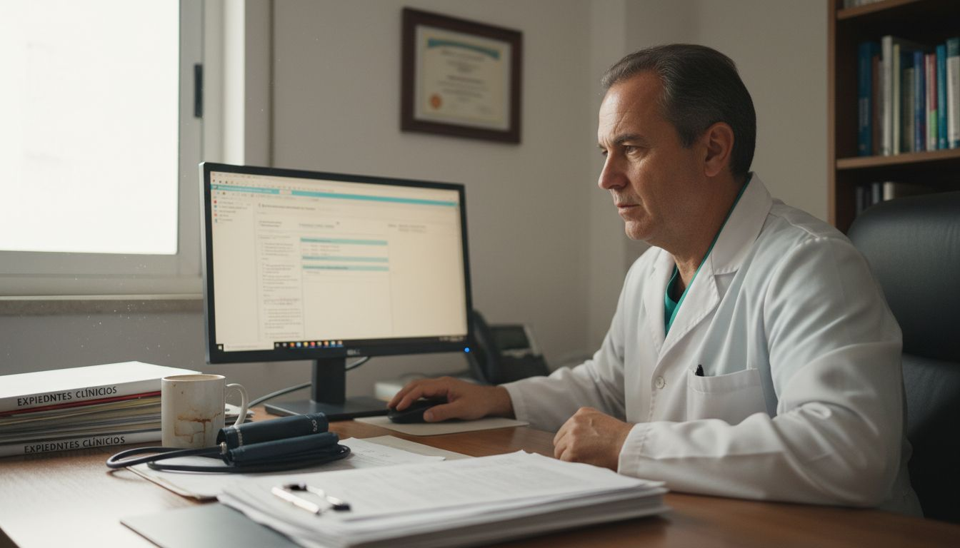 Doctor revisando historias clínicas en el ordenador