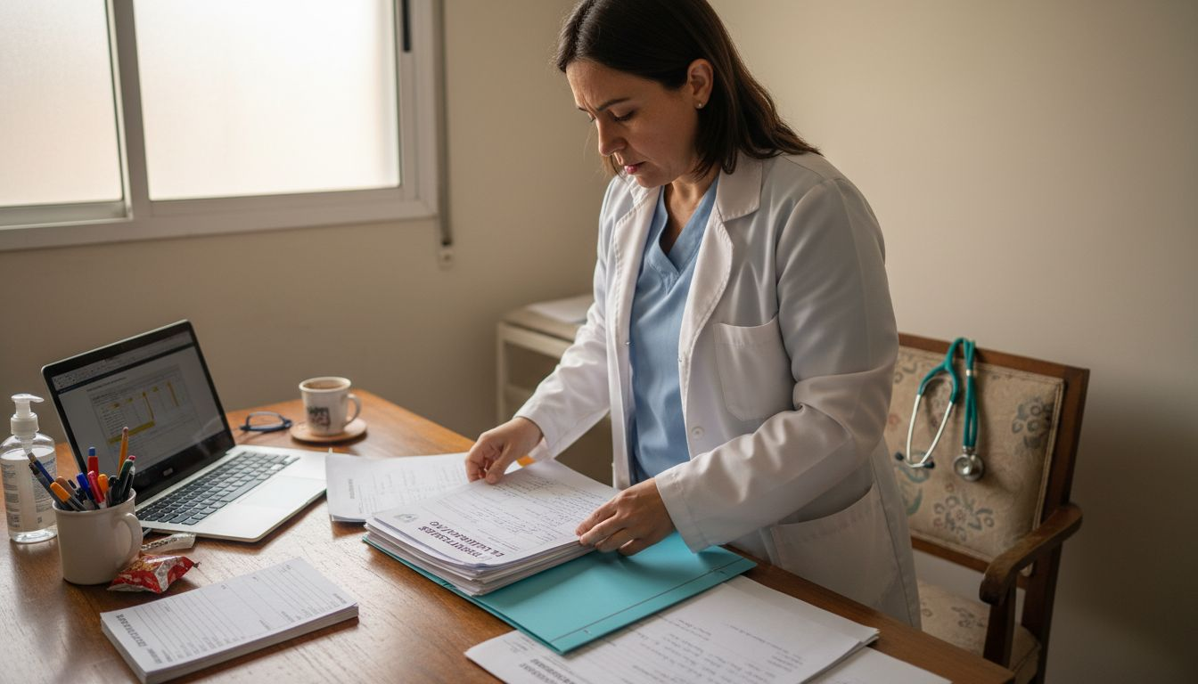 Un médico revisa y ordena los historiales clínicos de sus pacientes en su escritorio.