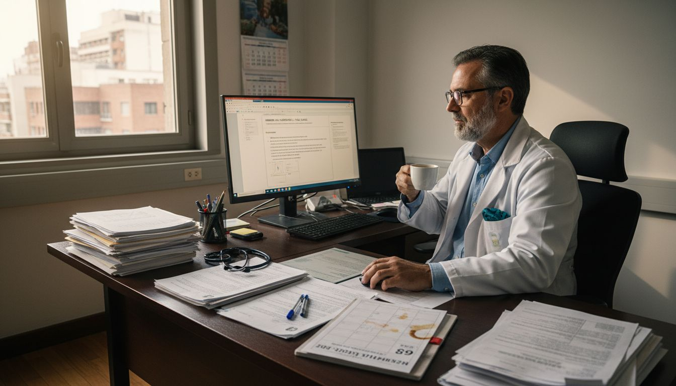 Un médico consulta expedientes médicos digitales en su despacho.