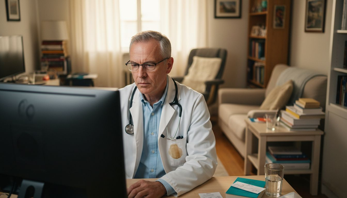Médico realizando consulta virtual em casa