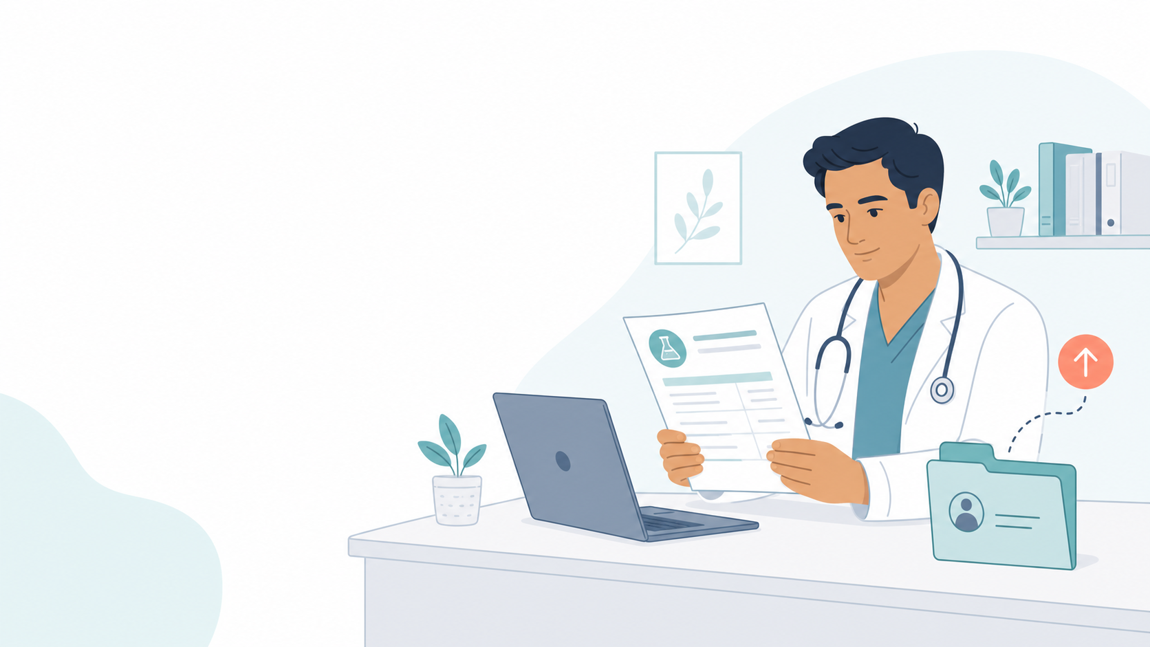 Médico incorporando resultados de laboratorio al expediente clínico de un paciente