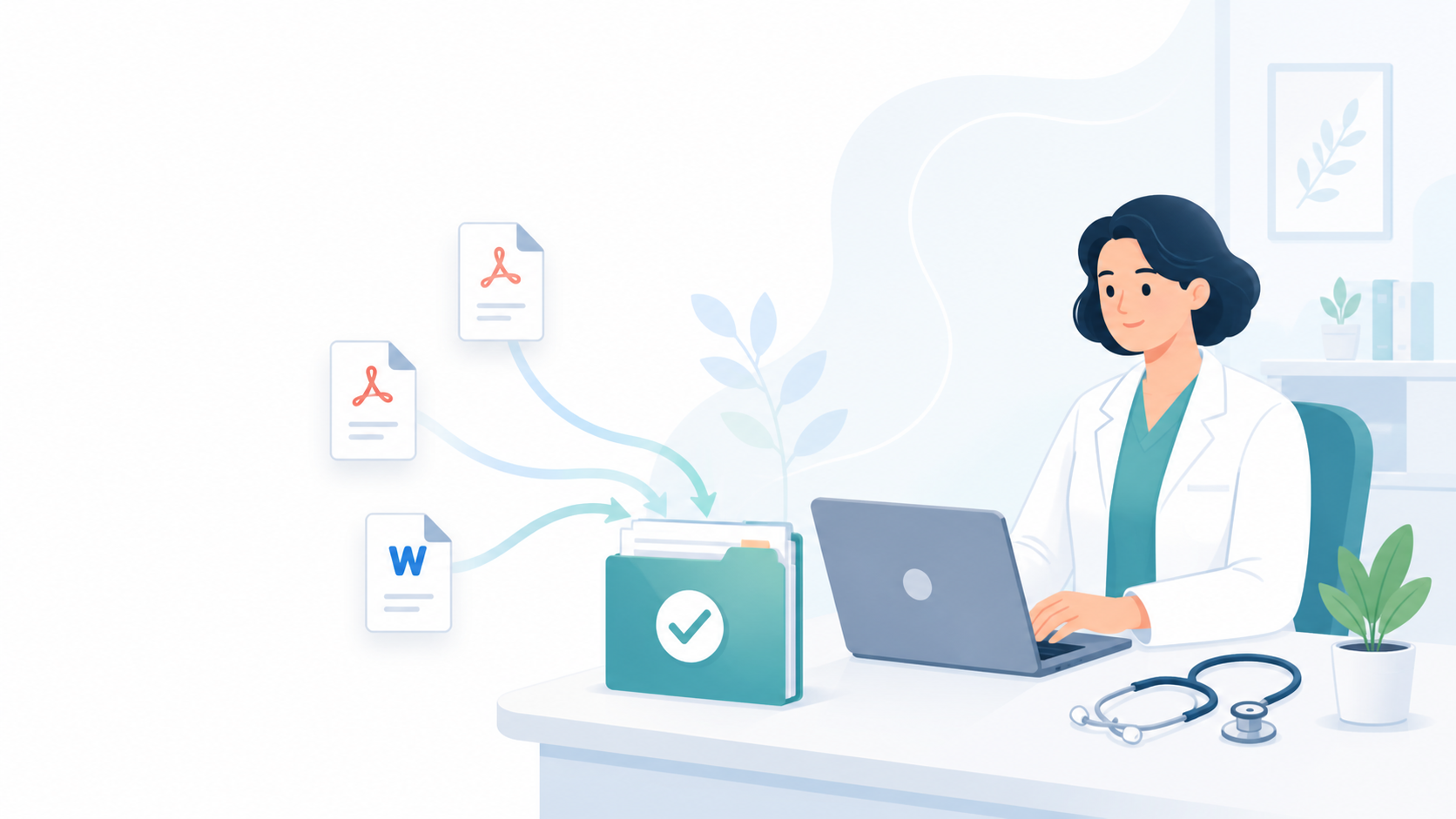 Ilustración de un profesional de salud que revisa documentos clínicos para crear el expediente de un paciente