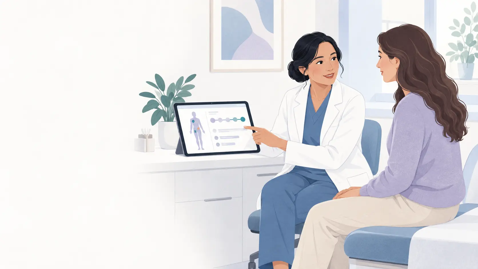 Dermatóloga conversa con una paciente mientras revisa localización y evolución