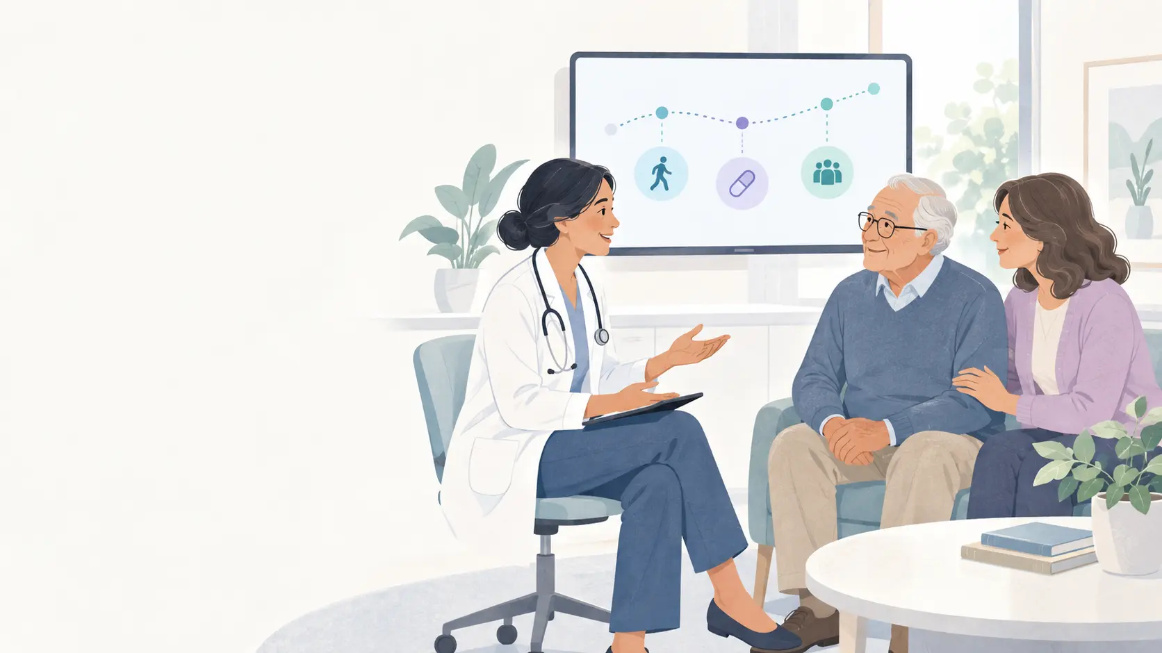 Geriatra conversa con una persona mayor y su cuidadora sobre función, medicamentos y apoyo