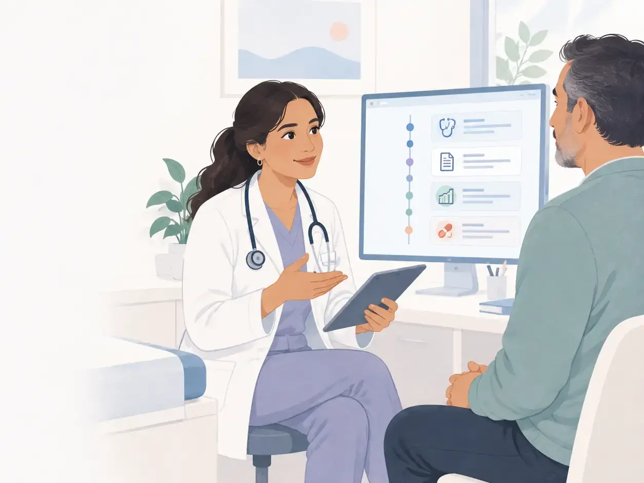 Internista conversa con un paciente mientras revisa un contexto clínico organizado