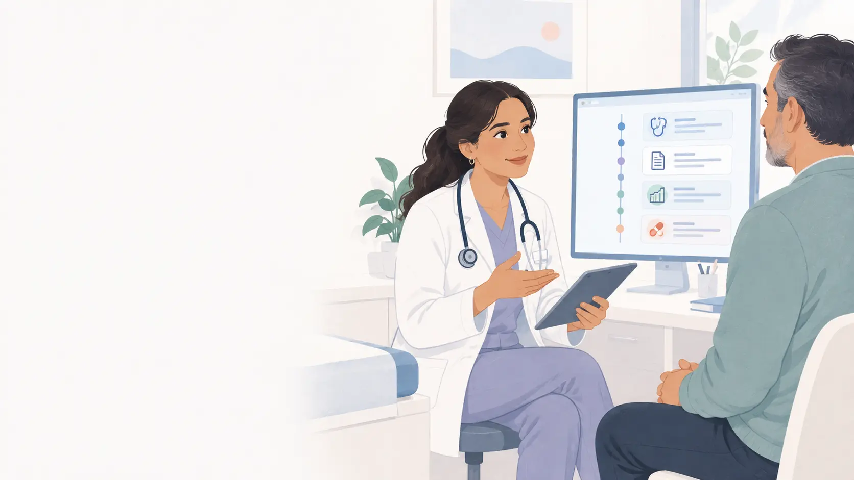 O médico internista conversa com um paciente enquanto revisa um contexto clínico organizado.