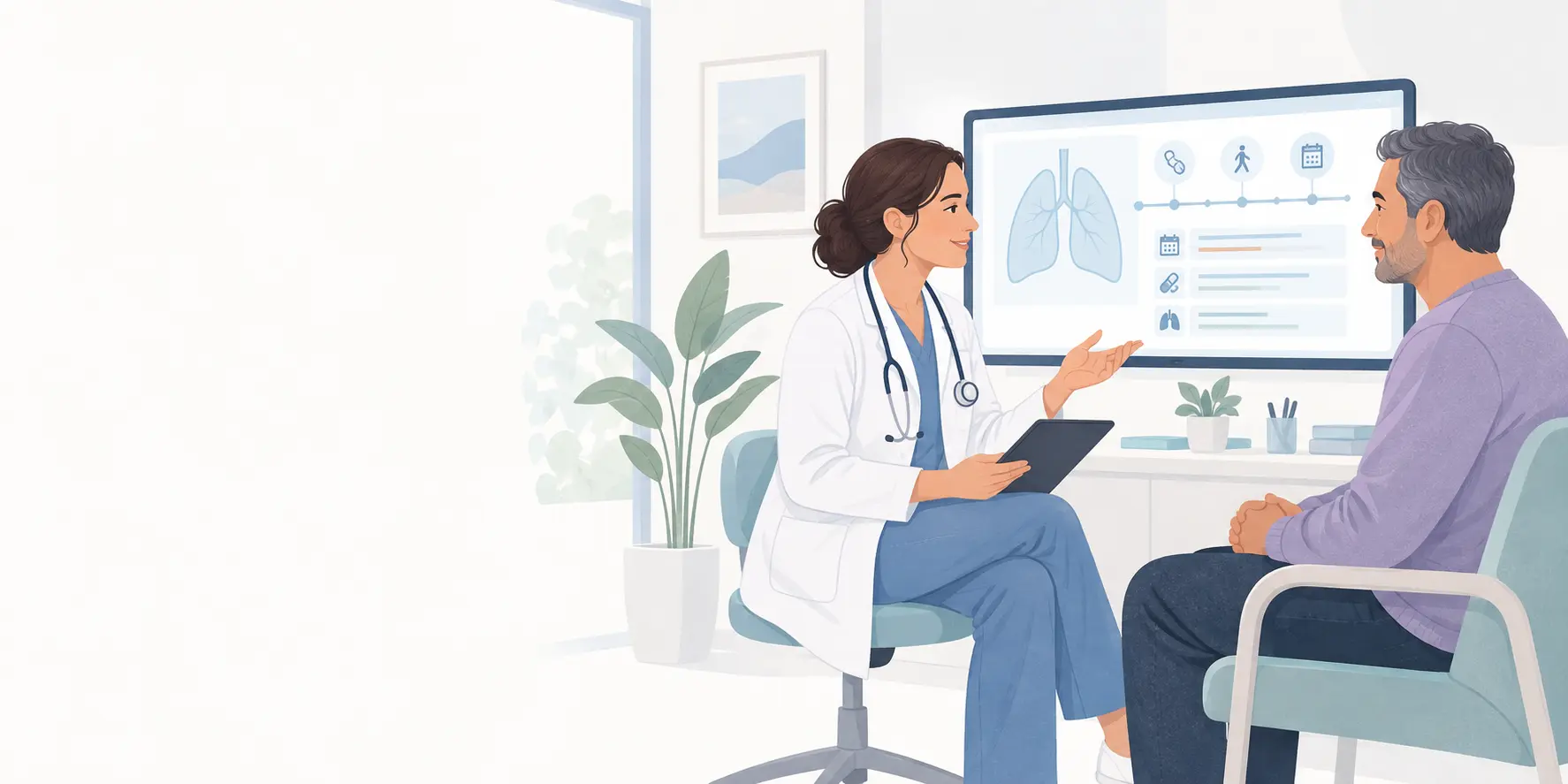 Pneumologista conversa com um paciente enquanto revisa a evolução respiratória dele
