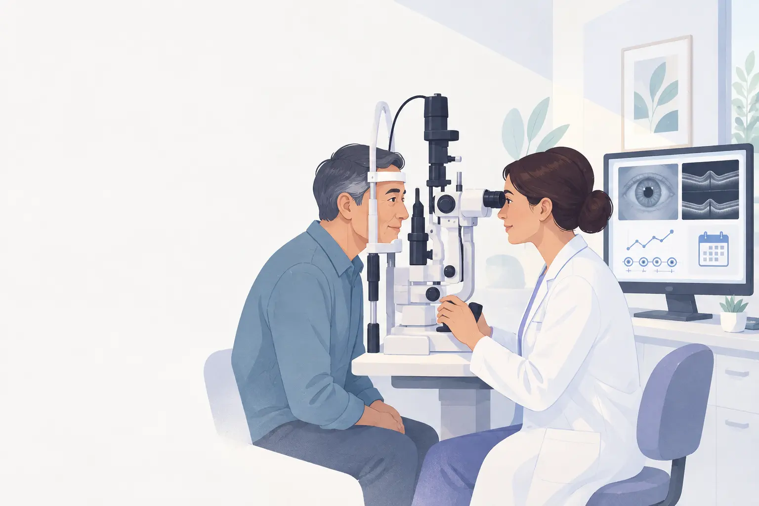 Oftalmóloga realiza una evaluación visual y revisa mediciones de seguimiento