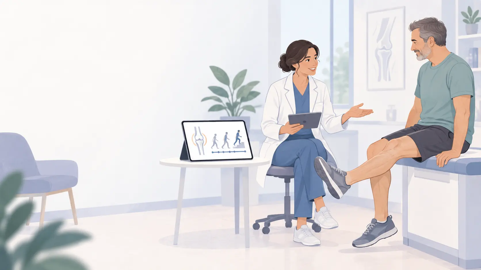 Médica ortopedista conversa com um paciente sobre função e recuperação