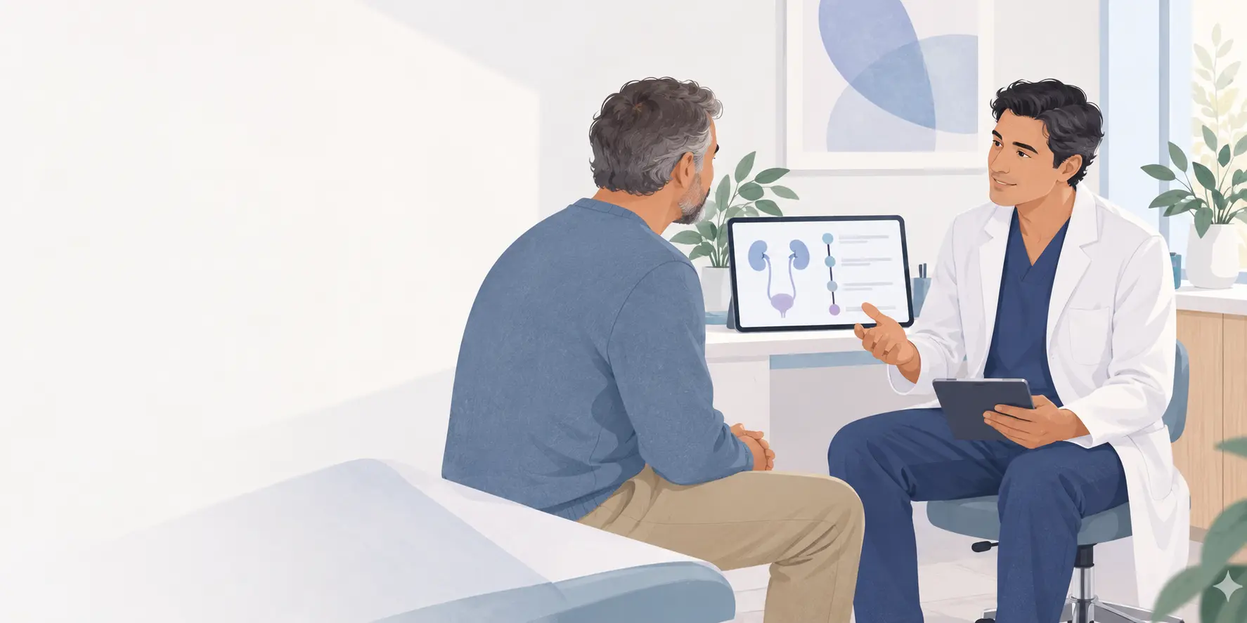 Urólogo conversa con un paciente en una consulta privada y ordenada